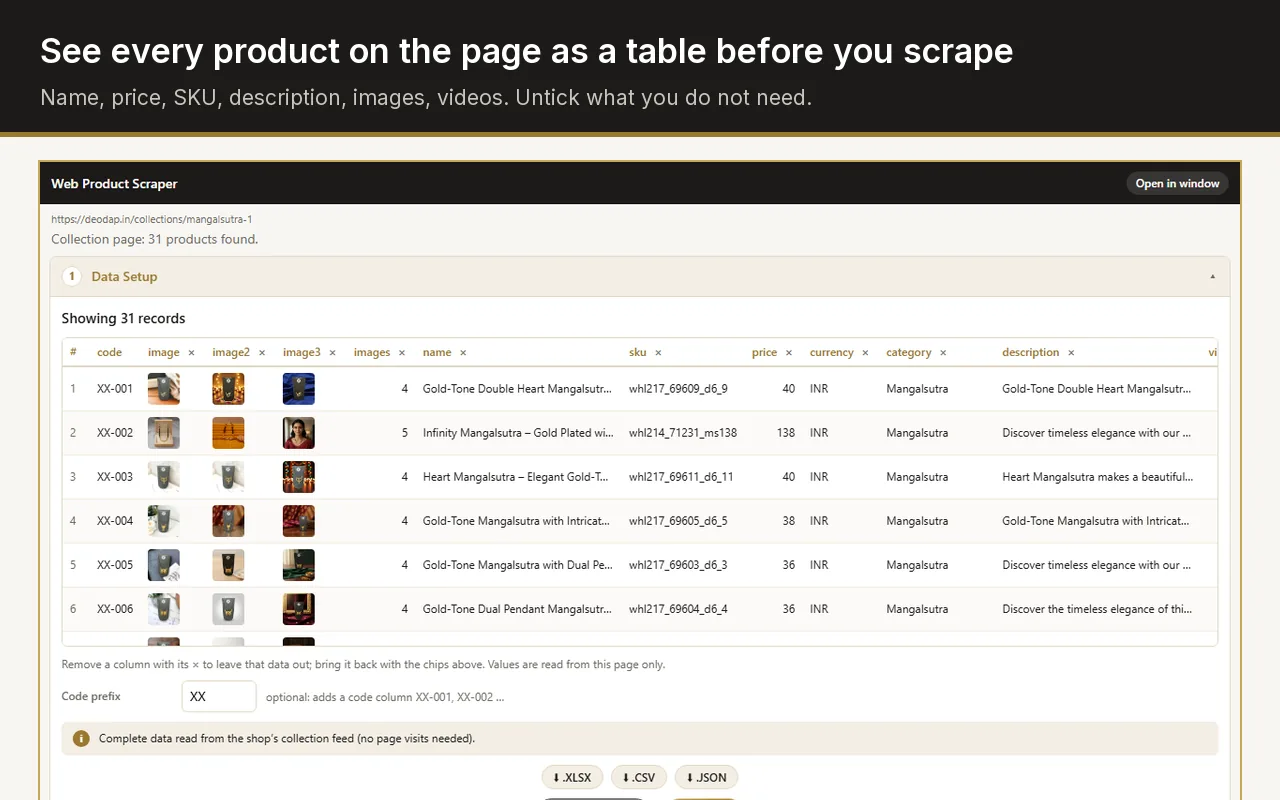 Web Product Scraper sidebar in Chrome showing a shop's collection page as a product table with name, SKU, price, category, description and image columns